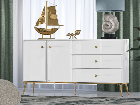 Toate Produsele - Comoda de lux, alb/mdf alb lucios/auriu, 3 sertare si 2 usi, inchidere silentioasa/usi -sertare, 160 cm lungime, canturi abs, usi si sertare cu amortizare, lucios/ picioare , butoni auriu , pentru dor