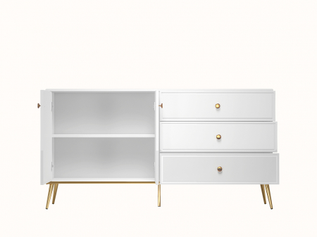 Comoda de lux, alb/mdf alb lucios/auriu, 3 sertare si 2 usi, inchidere silentioasa/usi -sertare, 160 cm lungime, canturi abs, usi si sertare cu amortizare, lucios/ picioare , butoni auriu , pentru dor [3]