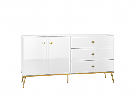 Comoda de lux, alb/mdf alb lucios/auriu, 3 sertare si 2 usi, inchidere silentioasa/usi -sertare, 160 cm lungime, canturi abs, usi si sertare cu amortizare, lucios/ picioare , butoni auriu , pentru dor [4]