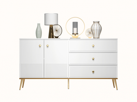Comoda de lux, alb/mdf alb lucios/auriu, 3 sertare si 2 usi, inchidere silentioasa/usi -sertare, 160 cm lungime, canturi abs, usi si sertare cu amortizare, lucios/ picioare , butoni auriu , pentru dor [2]