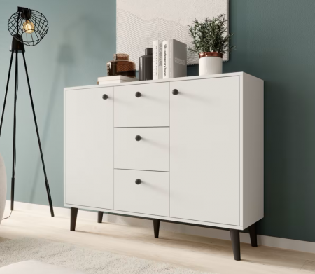 Comode lux-ultramoderne - Comoda dormitor-living-hol, 120 cm lungime x 93x 35 cm adancime, 3 sertare si 2 usi cu raft , pal alb/picioare-butoni negru, picioare lemn negre,