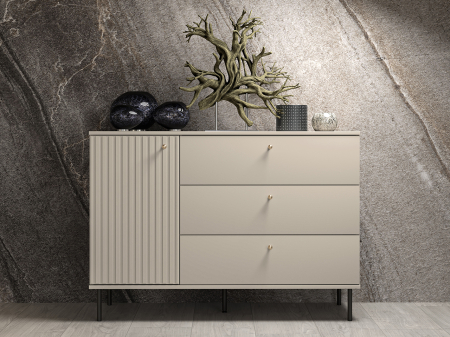 Comoda living /dormitor/hol cu 3 sertare si 1 usa , casmir/mdf casmir cu model , 120x85x40 cm, canturi abs, cu rafturi, picioare negre/butoni auriu
