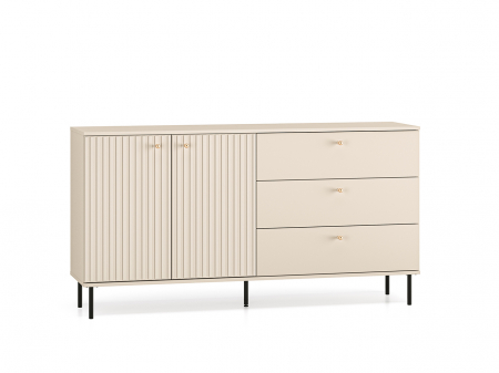 Comoda living /dormitor/hol cu 3 sertare si 2 usi , casmir/mdf casmir cu model , 160x85x40 cm, canturi abs, cu rafturi, picioare negre/butoni auriu