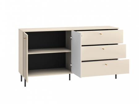 Comoda living /dormitor/hol cu 3 sertare si 2 usi , casmir/mdf casmir cu model , 160x85x40 cm, canturi abs, cu rafturi, picioare negre/butoni auriu [6]