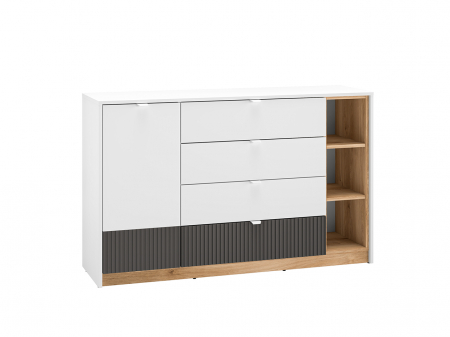 Comode lux-ultramoderne - Comoda living /dormitor/hol cu 4 sertare si 1 usa , alb/mdf grafit/stejar, 138x86x40 cm, canturi abs, cu rafturi