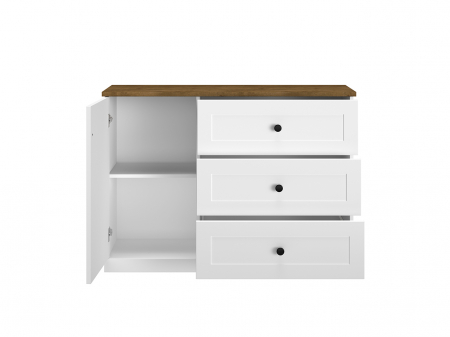 Comoda mdf alb mat/pal stejar lefkas si alb, 3 sertare , 1 usa cu raft, 120 cm lungime x 86 cm inaltime x 40 cm adancime, usi inchidere silentioasa, sertare extensie totala [4]