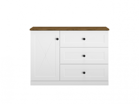 Comoda mdf alb mat/pal stejar lefkas si alb, 3 sertare , 1 usa cu raft, 120 cm lungime x 86 cm inaltime x 40 cm adancime, usi inchidere silentioasa, sertare extensie totala [1]