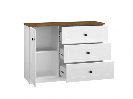Comoda mdf alb mat/pal stejar lefkas si alb, 3 sertare , 1 usa cu raft, 120 cm lungime x 86 cm inaltime x 40 cm adancime, usi inchidere silentioasa, sertare extensie totala [5]