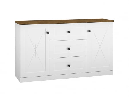 Comode - Comoda mdf alb mat/pal stejar lefkas si alb, 3 sertare , 2 usi cu raft, 150 cm lungime x 86 cm inaltimex 40 cm adancime, usi inchidere silentioasa, sertare extensie totala
