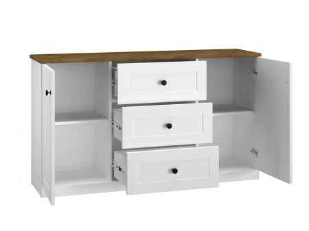Comoda mdf alb mat/pal stejar lefkas si alb, 3 sertare , 2 usi cu raft, 150 cm lungime x 86 cm inaltimex 40 cm adancime, usi inchidere silentioasa, sertare extensie totala [5]