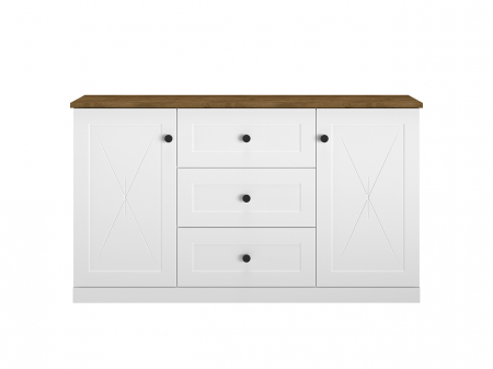 Comoda mdf alb mat/pal stejar lefkas si alb, 3 sertare , 2 usi cu raft, 150 cm lungime x 86 cm inaltimex 40 cm adancime, usi inchidere silentioasa, sertare extensie totala [3]