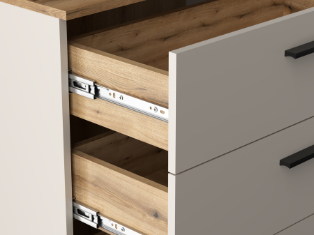 Comoda moderna, 139,4 cm x86 cm inaltime x 38 cm adancime, casmir/stejar, cu 4 sertare si 2 usi , o usa cu model riflaj, [3]