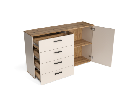 Comoda moderna, 139,4 cm x86 cm inaltime x 38 cm adancime, casmir/stejar, cu 4 sertare si 2 usi , o usa cu model riflaj, [2]