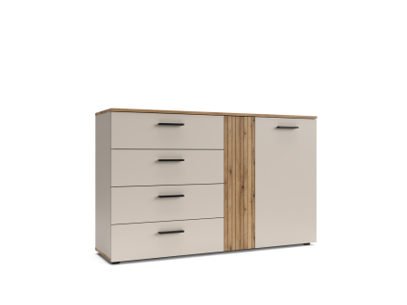 Toate Produsele - Comoda moderna, 139,4 cm x86 cm inaltime x 38 cm adancime, casmir/stejar, cu 4 sertare si 2 usi , o usa cu model riflaj,
