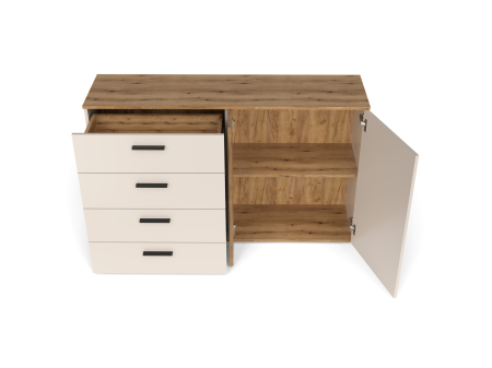 Comoda moderna, 139,4 cm x86 cm inaltime x 38 cm adancime, casmir/stejar, cu 4 sertare si 2 usi , o usa cu model riflaj, [8]
