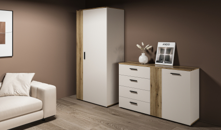 Comoda moderna, 139,4 cm x86 cm inaltime x 38 cm adancime, casmir/stejar, cu 4 sertare si 2 usi , o usa cu model riflaj, [5]