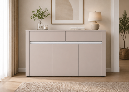 Dormitor - Comoda moderna Casmir cu 3 usi și 2 sertare, mdf si pal , deschidere Gola, 140 x 40 x 85 cm, Bortis Impex