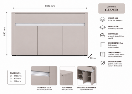 Comoda moderna Casmir cu 3 usi și 2 sertare, mdf si pal , deschidere Gola, 140 x 40 x 85 cm, Bortis Impex [2]