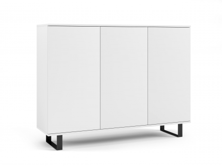 Comoda moderna cu 3 usi , pentru living ,dormitor, deschidere push open, rafturi, alb, picioare negre moderne, ,150 x100x40 cm , Bortis [1]