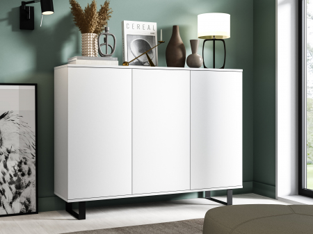 Comode lux-ultramoderne - Comoda moderna cu 3 usi , pentru living ,dormitor, deschidere push open, rafturi, alb, picioare negre moderne, ,150 x100x40 cm , Bortis