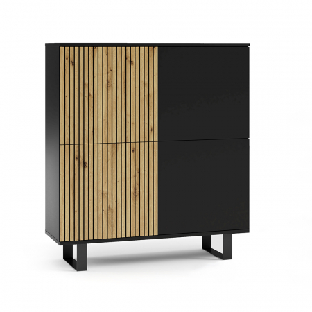 Comode lux-ultramoderne - Comoda moderna cu 4 usi , pentru living ,dormitor, deschidere push open, rafturi, model riflaj , stejar /negru , picioare negre moderne,  ,100 x114x40 cm , Bortis