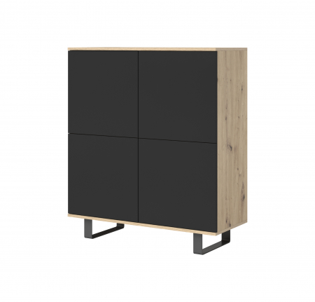 Comode lux-ultramoderne - Comoda moderna cu 4 usi , pentru living ,dormitor, deschidere push open, rafturi, stejar /negru , picioare negre moderne,  ,100 x114x40 cm , Bortis
