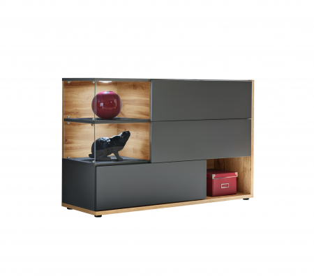 Comoda moderna, push open,  120x77x40 cm, gri antracit cu stejar artisan, cu led , cu 3 usi, vitrina sticla securizata, si spatiu gol, Bortis [2]