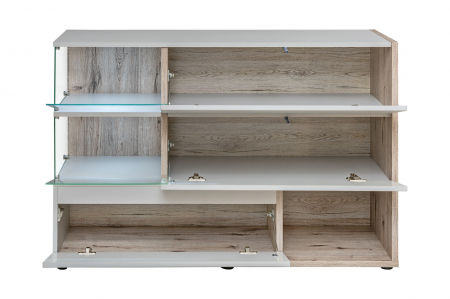 Comoda moderna, push open, 120x77x40 cm, gri deschis perlat cu stejar cu noduri, cu led , cu 3 usi, vitrina sticla securizata, si spatiu gol, Bortis [1]
