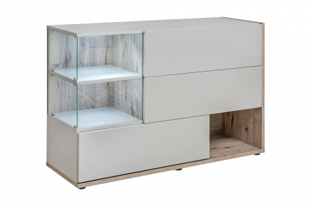 Comode lux-ultramoderne - Comoda moderna, push open, 120x77x40 cm, gri deschis perlat cu stejar cu noduri, cu led , cu 3 usi, vitrina sticla securizata, si spatiu gol, Bortis