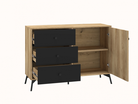 Comode - Comoda pal stejar /negru, 3 sertare si 1 usa , raft , 120 cm lungime x40 cm adancime x 85 cm inaltime, pe picioare ,moderna