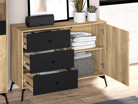 Comoda pal stejar /negru, 3 sertare si 1 usa , raft , 120 cm lungime x40 cm adancime x 85 cm inaltime, pe picioare ,moderna [4]