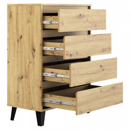 Comodă 4 sertare , 70 cm lungime x38,8 cm adancime x 99,4 cm, pal stejar artisan/picioare negre ,canturi abs, fara manere [1]