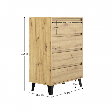 Comodă 4 sertare , 70 cm lungime x38,8 cm adancime x 99,4 cm, pal stejar artisan/picioare negre ,canturi abs, fara manere [10]