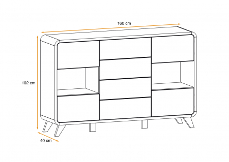 Comoda ultramoderna, led,  4 usi si 4 sertare cu deschidere prin apasare/push open, 160 lungime x102 x40 cm, gri antracit/stejar deschis/picioare negre, rotunda, Bortis impex [3]