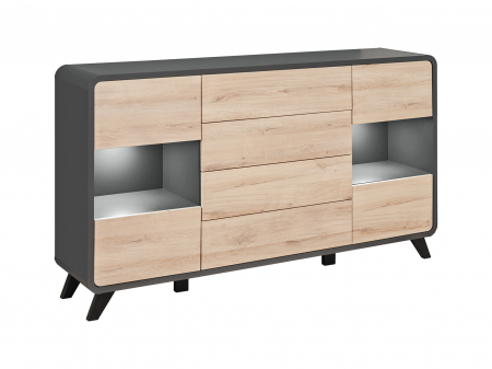 Comode lux-ultramoderne - Comoda ultramoderna, led,  4 usi si 4 sertare cu deschidere prin apasare/push open, 160 lungime x102 x40 cm, gri antracit/stejar deschis/picioare negre, rotunda, Bortis impex