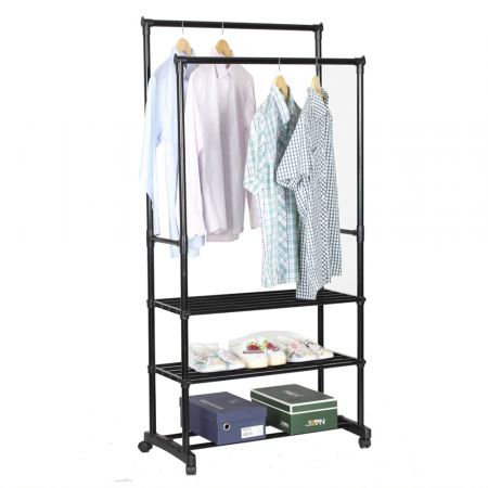 Mobilier Hol/Cuiere - Cuier cu două rânduri de rafturi, negru, TIRUS