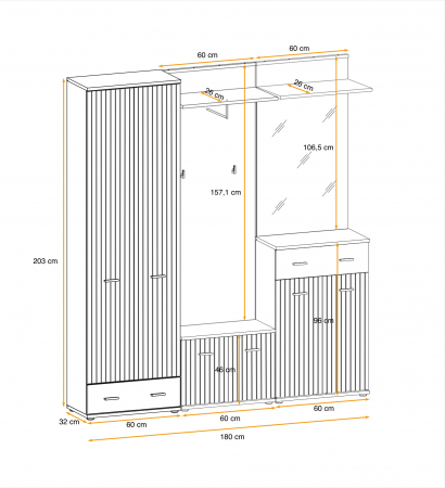 Cuier cu dulap si pantofar ,oglinda si perna inclusa, gri grafit/ stejar artisan cu model riflaj, 180 cm lungime x 203 cm inaltime x 32 cm adancime, Bortis [1]