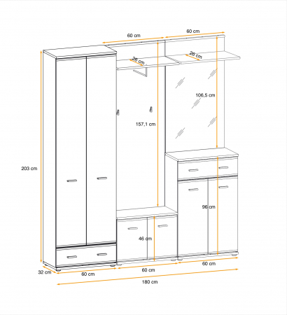 Cuier cu dulap si pantofar ,oglinda si perna inclusa, stejar sonoma, usi pvc infoliate, 180 cm lungime x 203 cm inaltime x 32 cm adancime, Bortis [2]