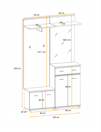Cuier cu pantofar ,oglinda si perna inclusa, stejar sonoma, usi pvc infoliate, 120 cm lungime x 203 cm inaltime x 32 cm adancime, hol [2]