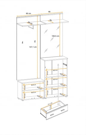 Cuier cu pantofar ,oglinda si perna inclusa, stejar sonoma, usi pvc infoliate, 120 cm lungime x 203 cm inaltime x 32 cm adancime, hol [3]