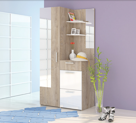 Cuier hol, mobilier hol,  alb lucios/stejar nordic, 100x190x40 cm, inchidere soft close la usa, oglinda, suport umerase, Bortis