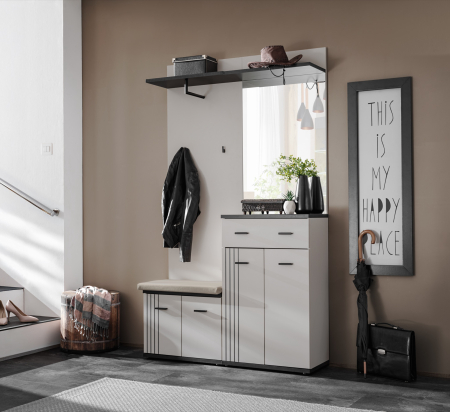 Mobilier Hol/Cuiere - Cuier hol cu pantofar , pal casmir cu negru , cu model riflaj, 120 cm lungime x 203 cm inaltime x 32 cm adancime, Bortis