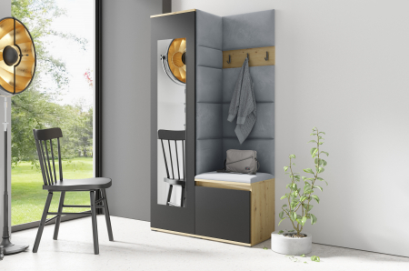 Toate Produsele - Cuier hol modern ,95 cm lungime, cu dulap haine -oglinda, pantofar si panouri tapitate stofa gri/ stejar artisan cu negru , Bortis