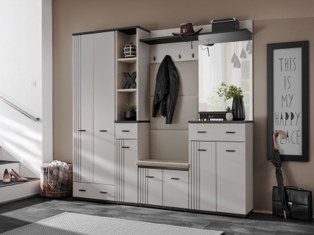 Mobilier Hol/Cuiere - Cuier hol modern spatios, 210 cm lungime x 32 cm adancime, pal casmir cu negru cu dulap suport umerase, oglinda, 4 agatatori, perna inclusa,