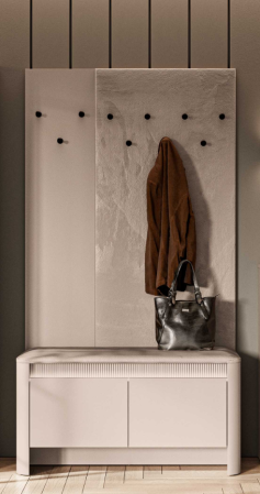 Cuier mobila hol cu pantofar bancuta casmir/tapitata bej,102 cm lungime x34 cm adancime x192 cm, panou tapitat/pal casmir si iluminare ambientala cu intrerupator,pal casmir/tapiterie bej, 10 agatator [1]