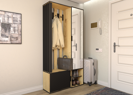 Toate Produsele - Cuier mobilier hol, modern, negru/stejar artisan, 100,5 cm lungime x 35 cm adancime x 199,5 cm inaltime, cu dulap cu oglinda, dulap cu rafturi, agatatori haine, raft deschis pantofar