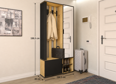 Cuier mobilier hol, modern, negru/stejar artisan, 100,5 cm lungime x 35 cm adancime x 199,5 cm inaltime, cu dulap cu oglinda, dulap cu rafturi, agatatori haine, raft deschis pantofar [2]