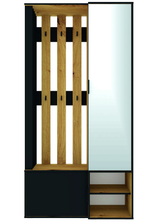 Cuier mobilier hol, modern, negru/stejar artisan, 100,5 cm lungime x 35 cm adancime x 199,5 cm inaltime, cu dulap cu oglinda, dulap cu rafturi, agatatori haine, raft deschis pantofar [3]