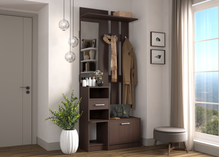 Cuier pentru Hol cu oglindă, pantofar și sertar, Wenge, 80 cm lungime  x 35 cm adancime x 195,5 cm, mobilier intrare modern [1]