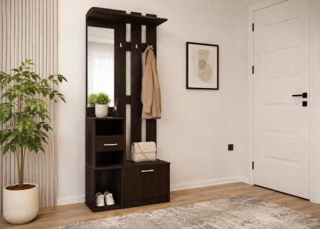 Toate Produsele - Cuier pentru Hol cu oglindă, pantofar și sertar, Wenge, 80 cm lungime  x 35 cm adancime x 195,5 cm, mobilier intrare modern